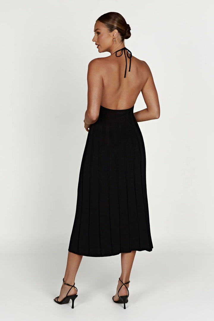 Robe midi féminine en tissu plissé avec col licou - Dalila
