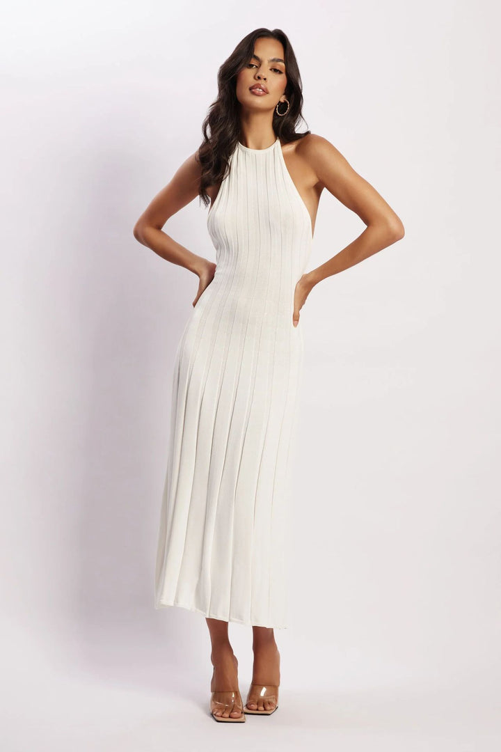 Robe midi féminine en tissu plissé avec col licou - Dalila