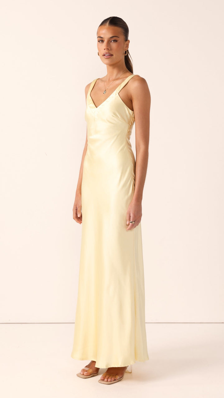 Robe longue en satin à encolure en V pour femme - Alondra