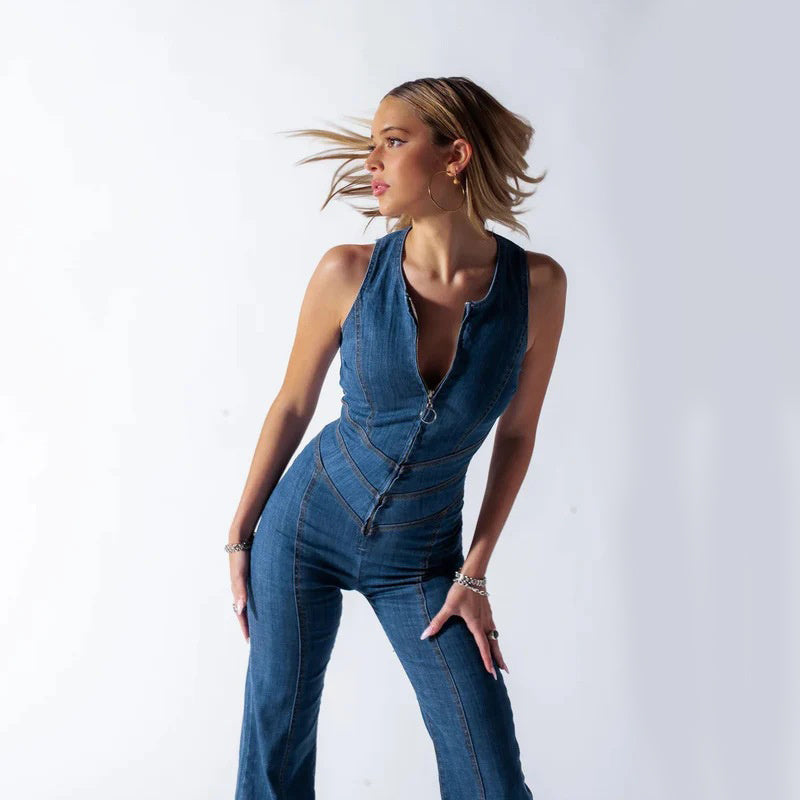 Combinaison décontractée en denim avec fermeture éclair pour femmes - Yselle
