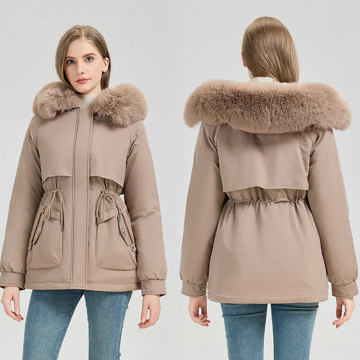 Manteau court avec large capuche et col en fausse fourrure - Lareen