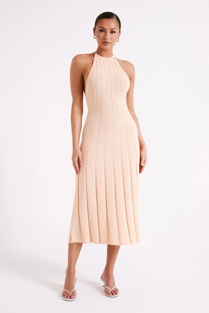 Robe midi féminine en tissu plissé avec col licou - Dalila