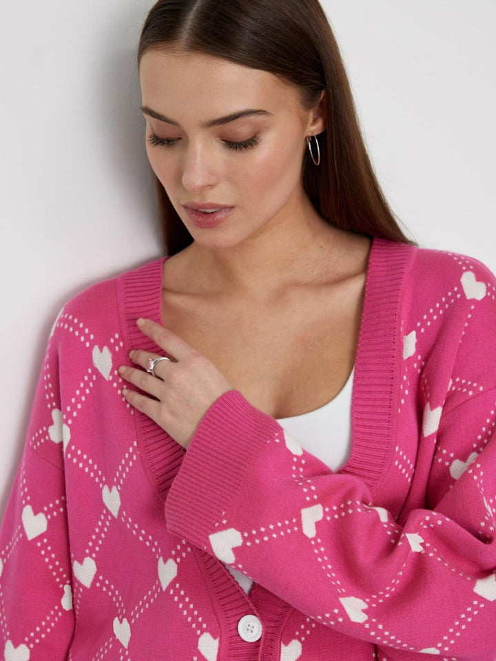 Cardigan tricoté pour femmes avec boutons et imprimé cœur - Leeni