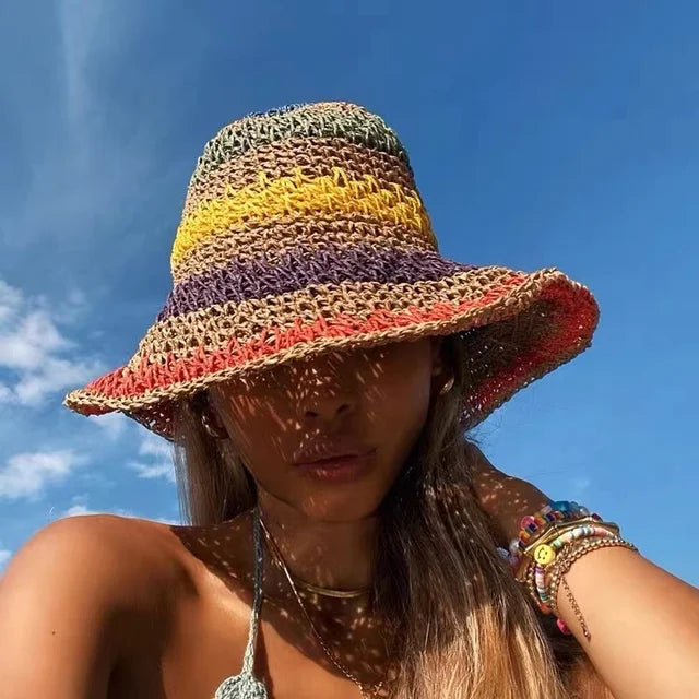Chapeau seau coloré mode tissé à la main