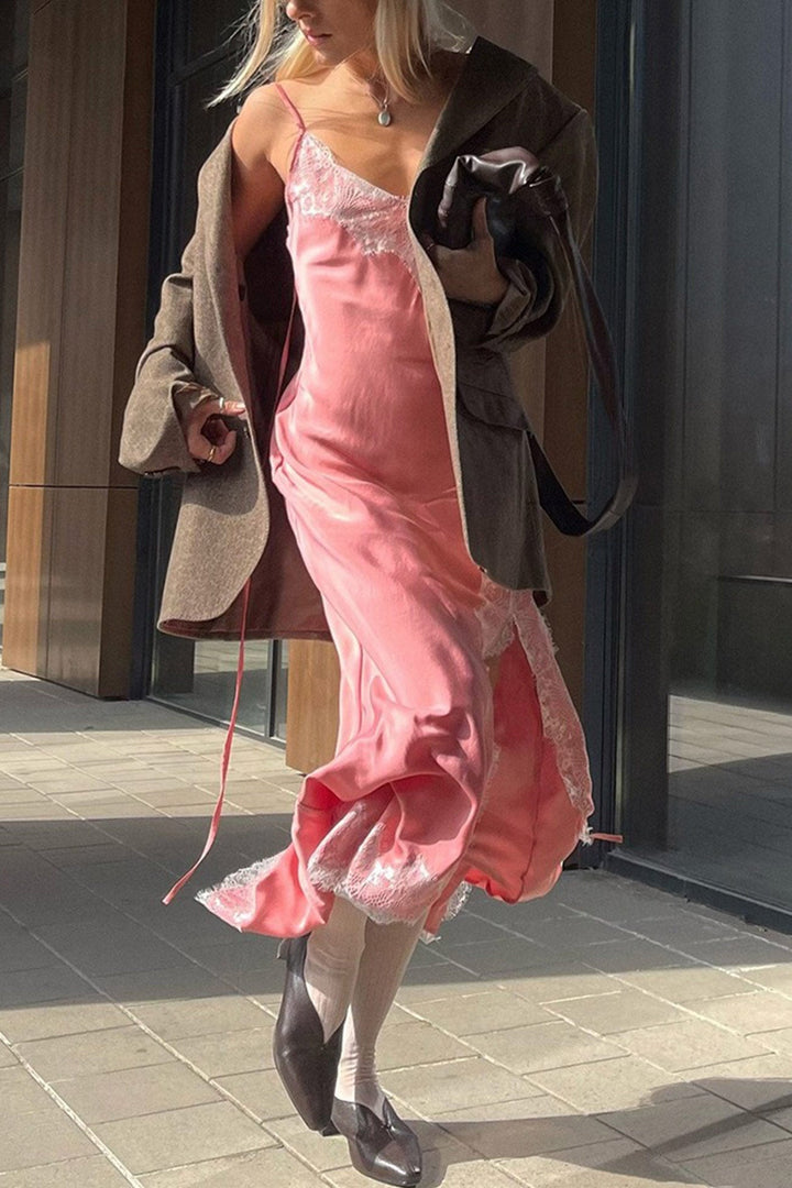 Robe longue à bretelles avec dentelle et fente latérale pour femmes - Victoria