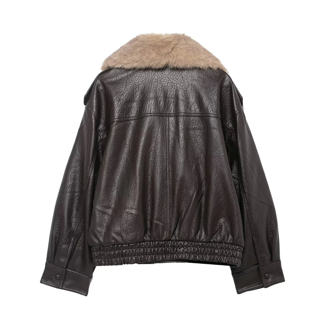 Veste femme effet cuir à large col effet fourrure - Nymera
