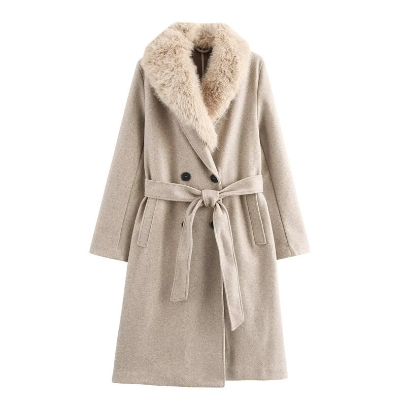 Manteau long en laine avec col en fourrure synthétique - Blanc