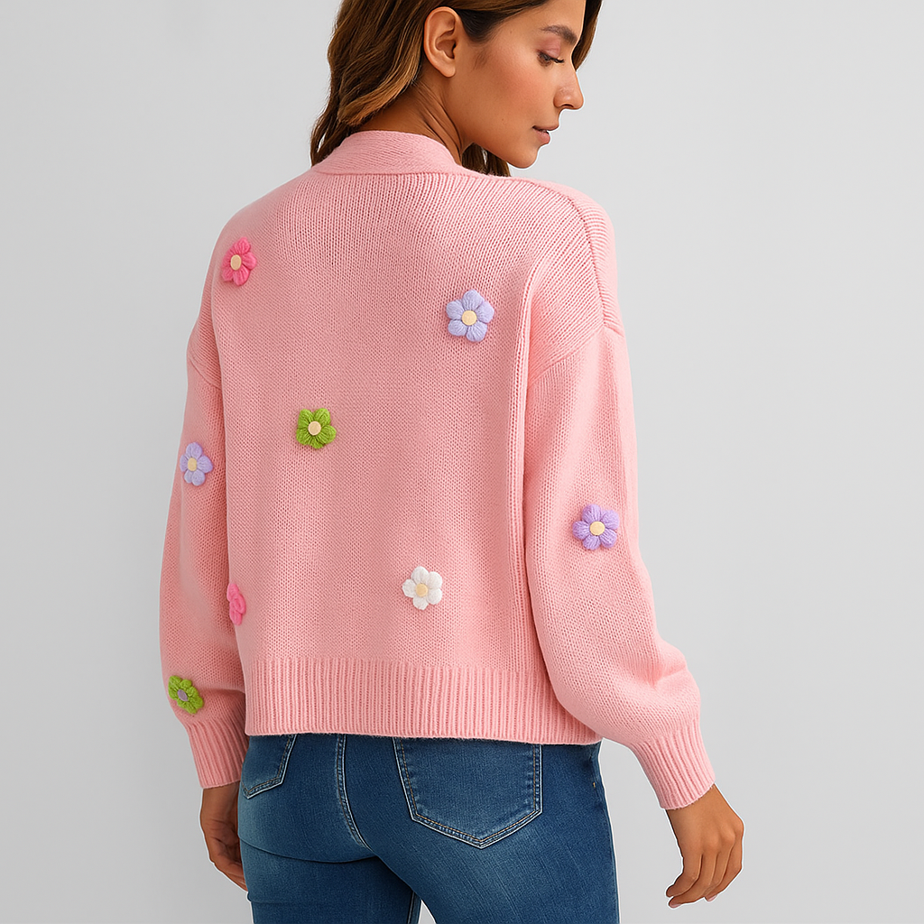 Cardigan en maille pour femmes avec applications florales décoratives - Lily