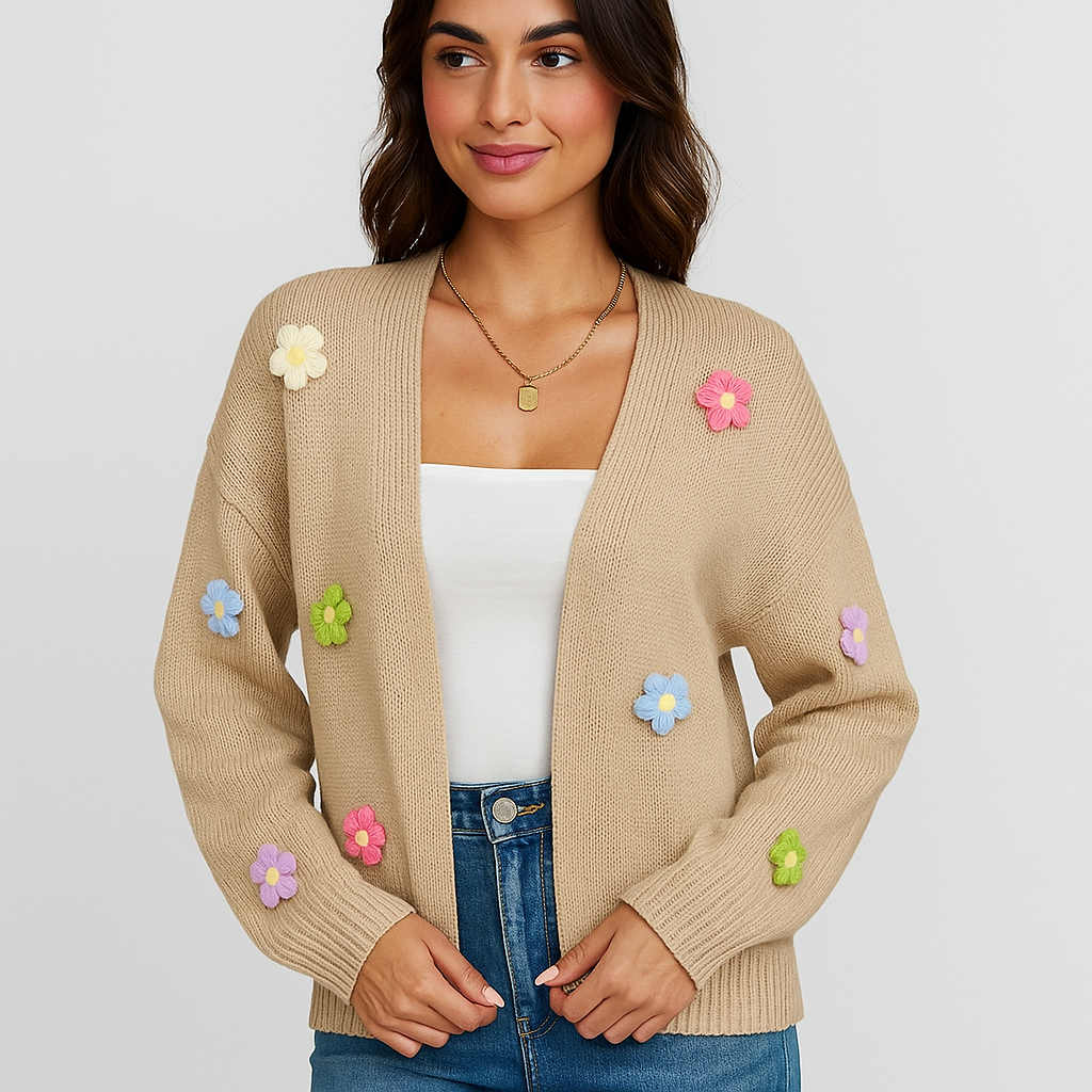 Cardigan en maille pour femmes avec applications florales décoratives - Lily
