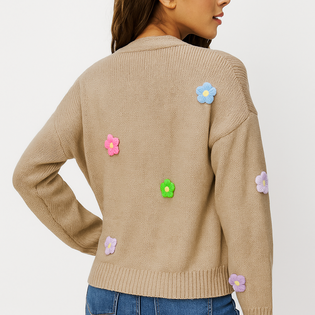 Cardigan en maille pour femmes avec applications florales décoratives - Lily