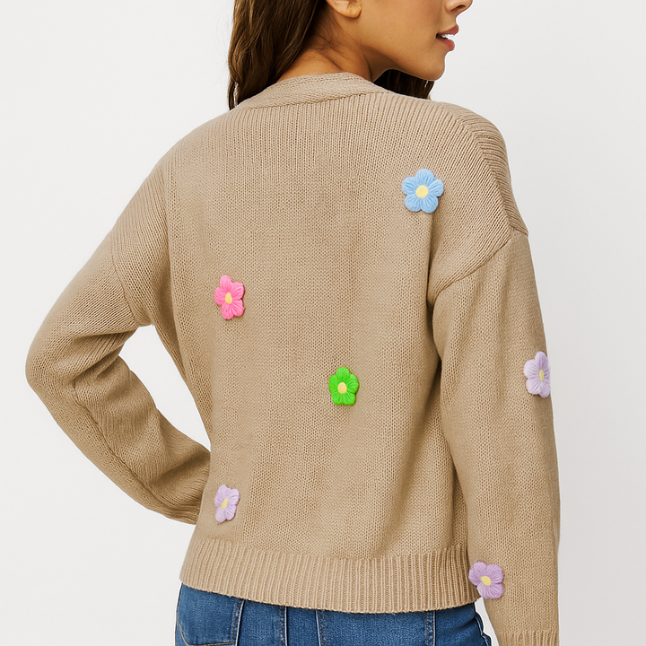 Cardigan en maille pour femmes avec applications florales décoratives - Lily