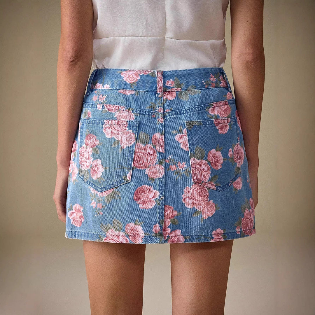 Jupe en denim à imprimé floral et coupe droite pour femmes - Letty