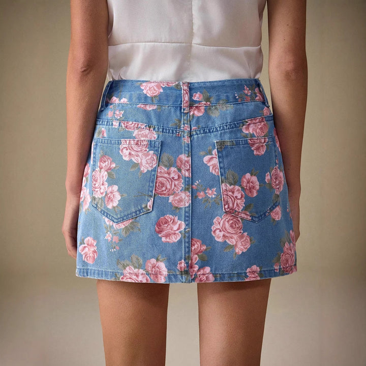Jupe en denim à imprimé floral et coupe droite pour femmes - Letty