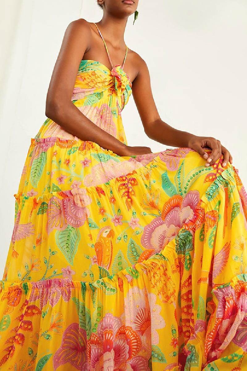 Robe longue à fines bretelles et jupe florale pour femme - Lirena