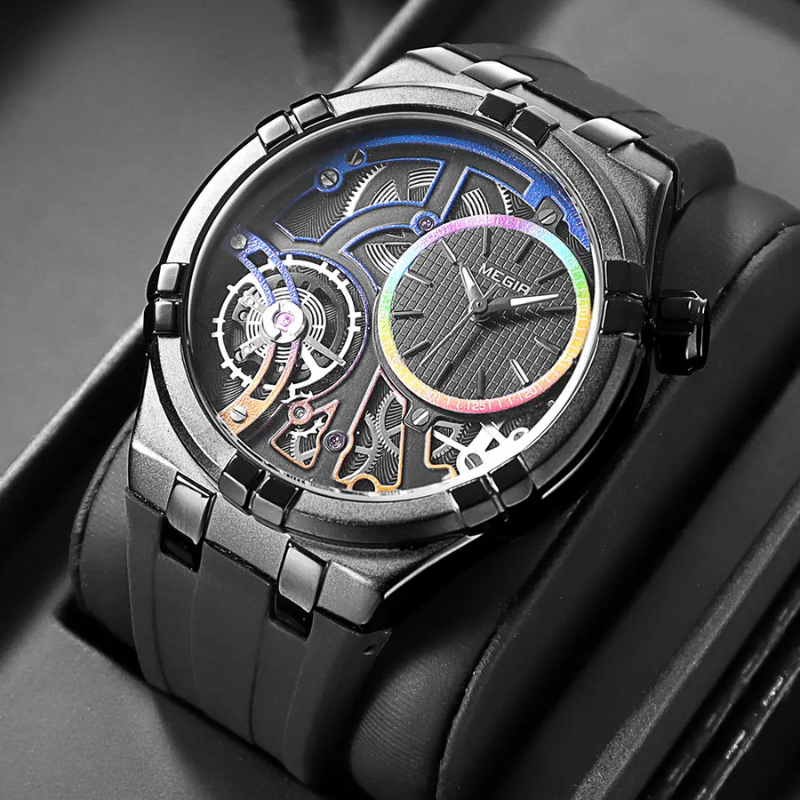Montre mécanique à remontage automatique avec cadran ouvert et bracelet en silicone pour hommes