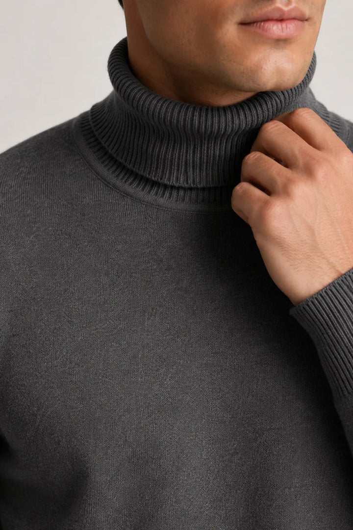 Pull homme à col roulé, coupe ajustée, maille unie - Caspar