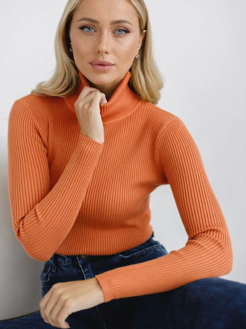 Pull femme col roulé en maille côtelée ajustée - Nélida