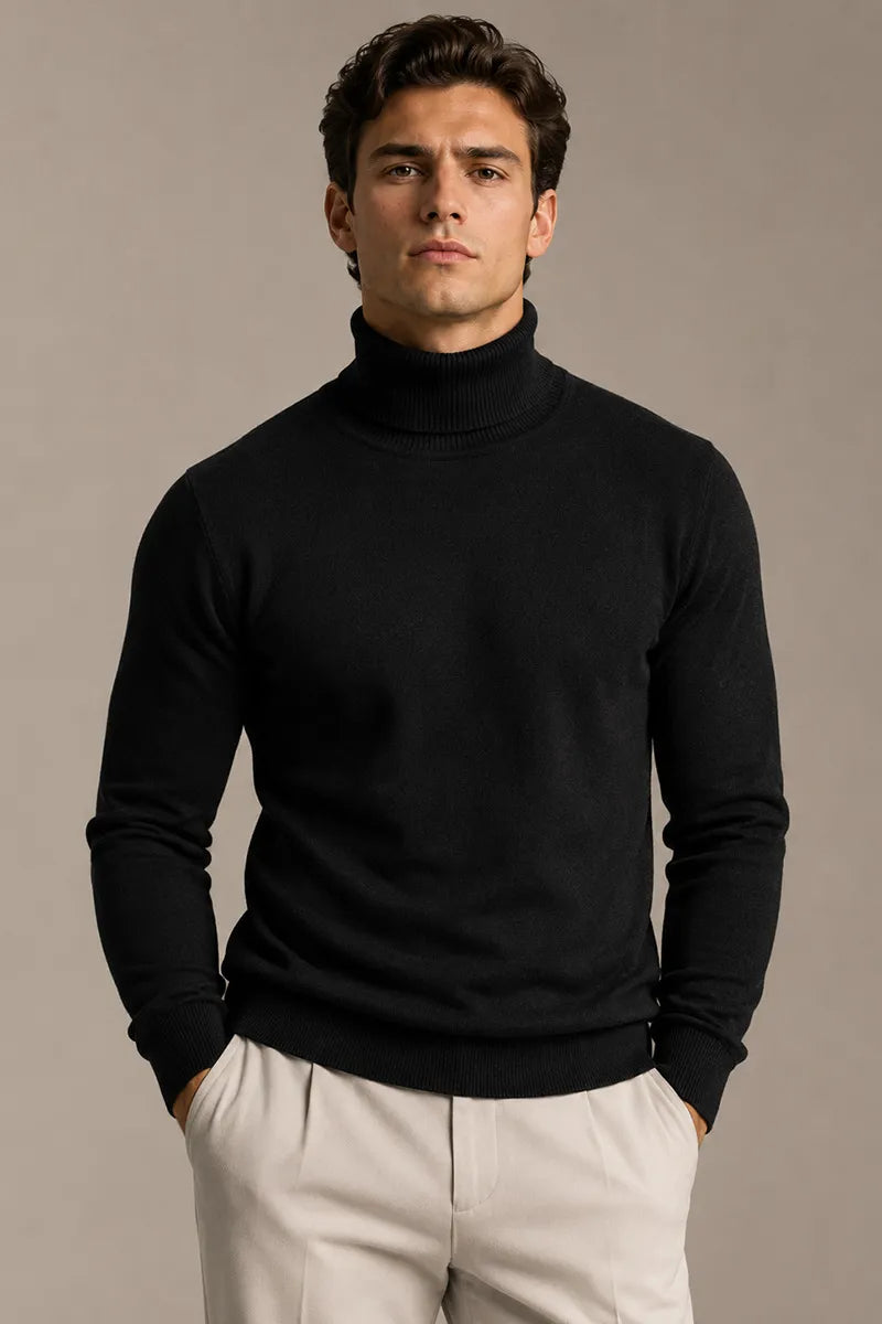 Pull homme à col roulé, coupe ajustée, maille unie - Caspar