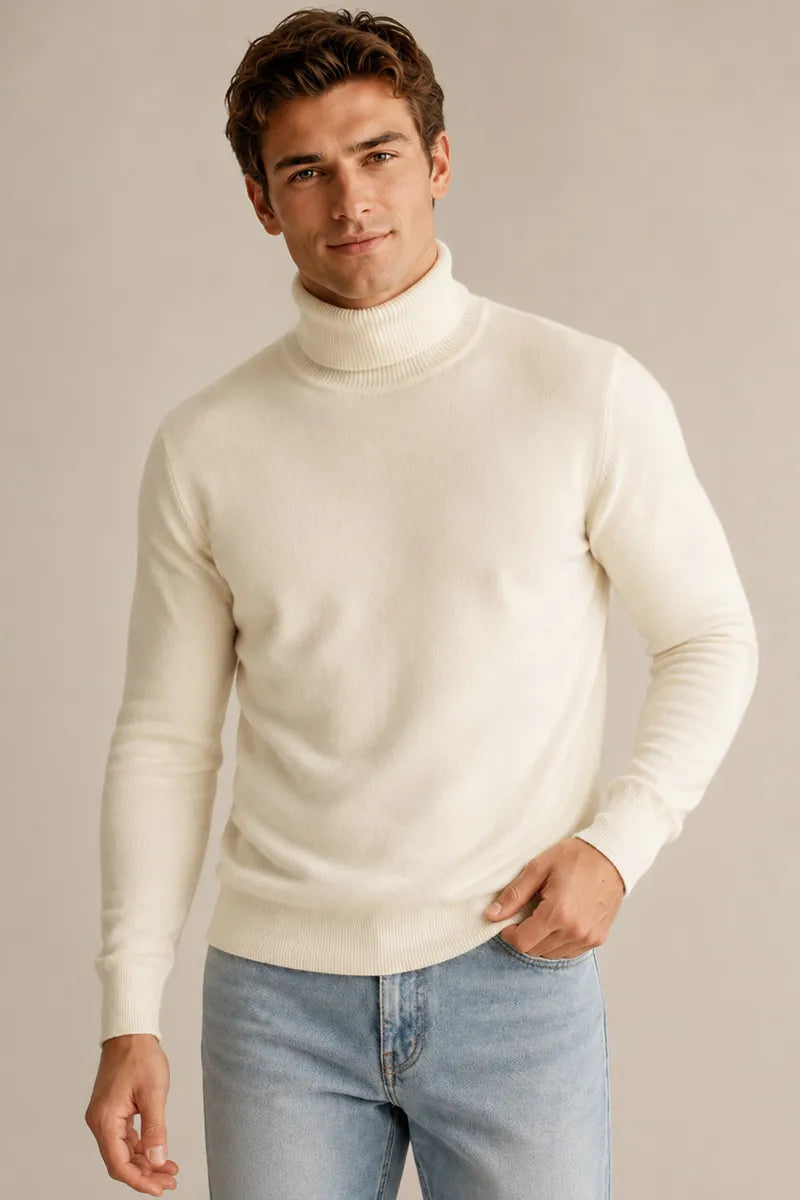 Pull homme à col roulé, coupe ajustée, maille unie - Caspar