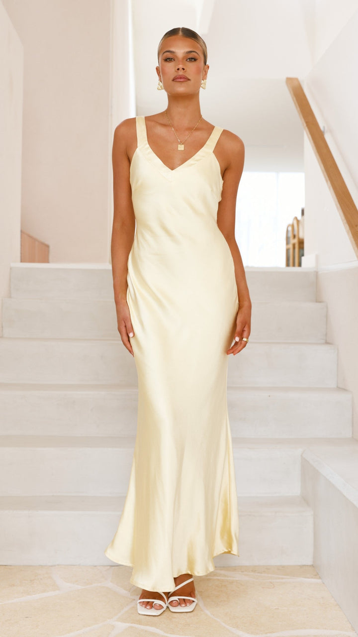 Robe longue en satin à encolure en V pour femme - Alondra