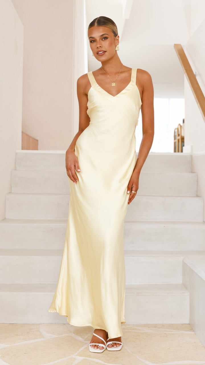 Robe longue en satin à encolure en V pour femme - Alondra