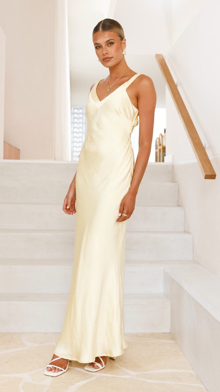 Robe longue en satin à encolure en V pour femme - Alondra