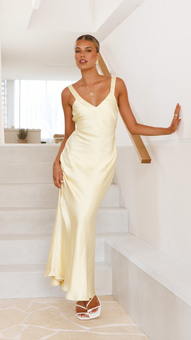 Robe longue en satin à encolure en V pour femme - Alondra