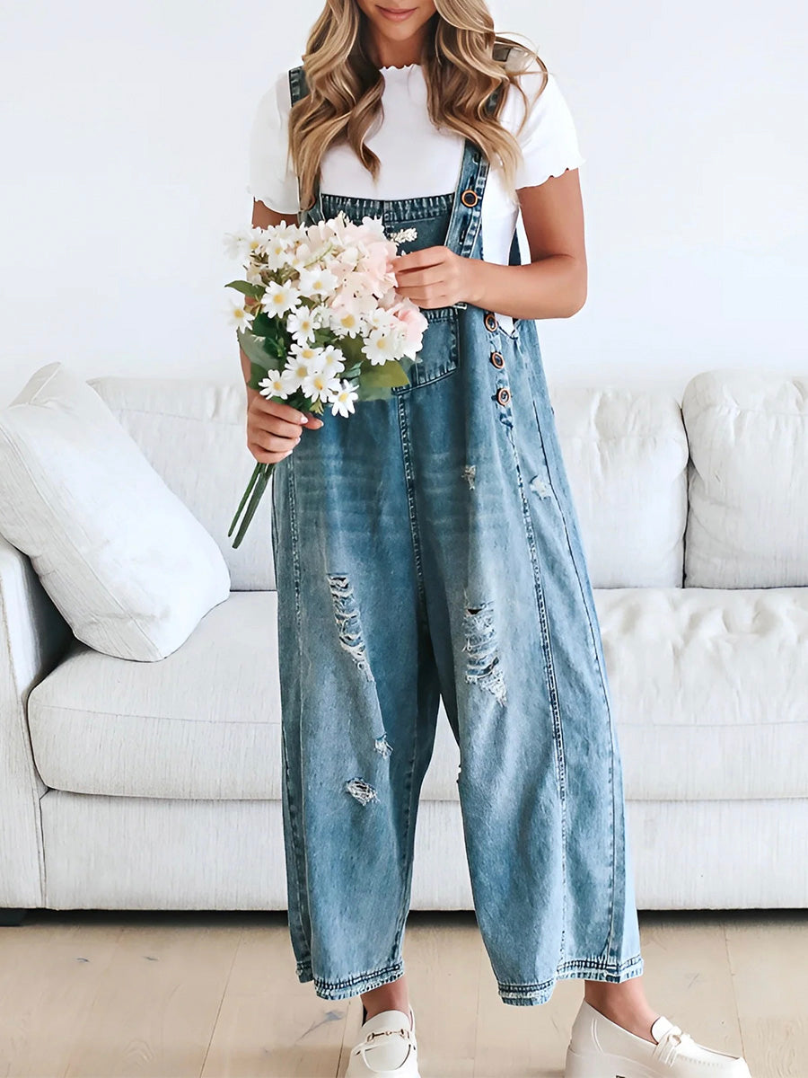 Combinaison femme jean oversize look used bretelles réglables – Jenna
