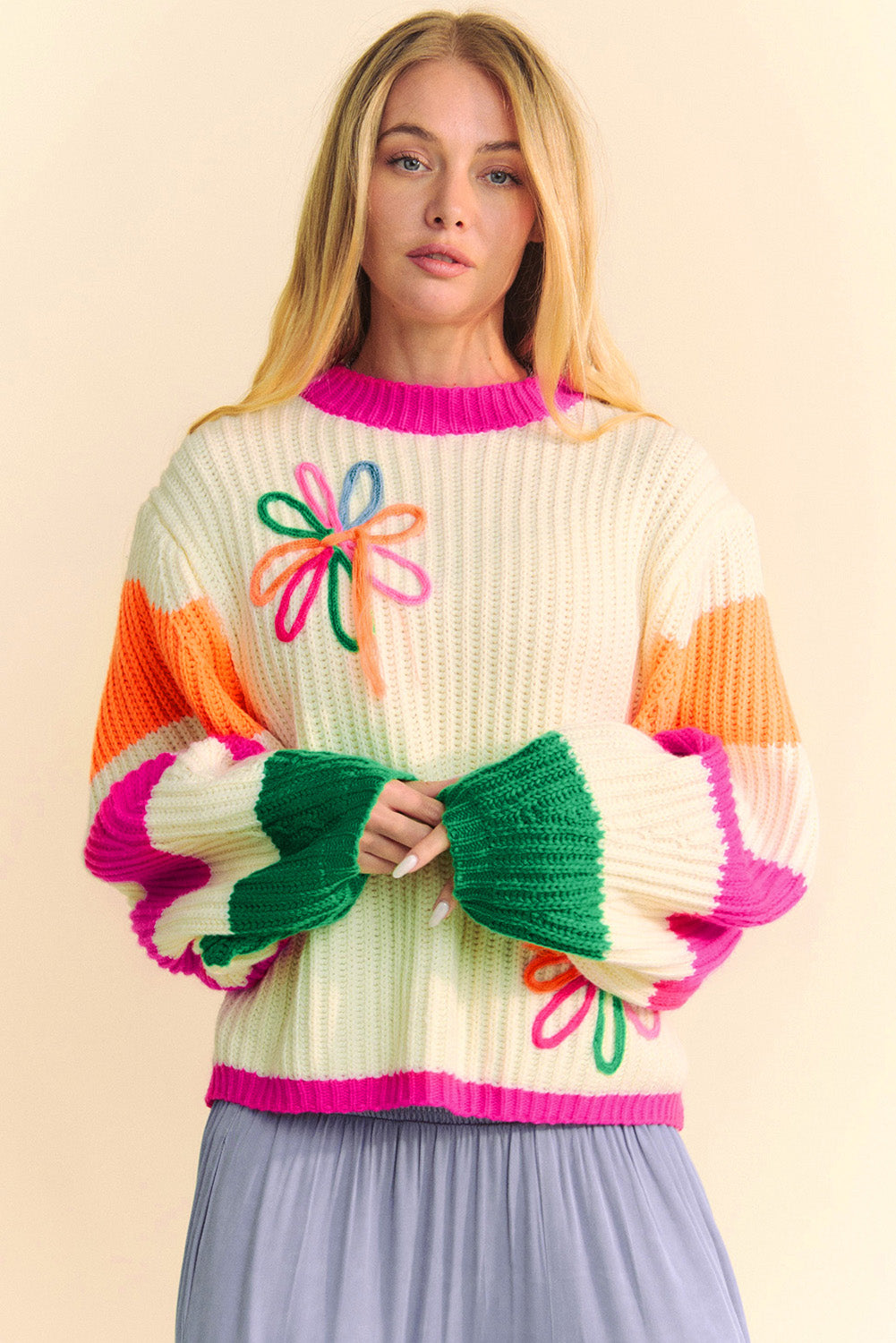 Clarisse - Pull Tricoté Lâche à Motif Floral Colorblock Beige