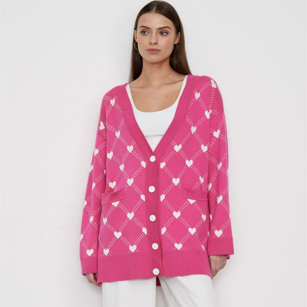 Cardigan tricoté pour femmes avec boutons et imprimé cœur - Leeni