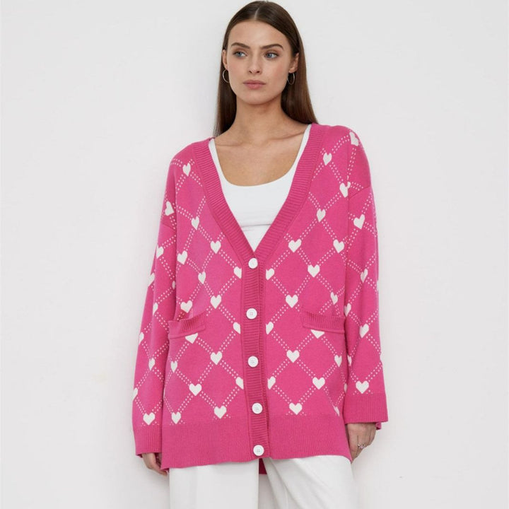 Cardigan tricoté pour femmes avec boutons et imprimé cœur - Leeni