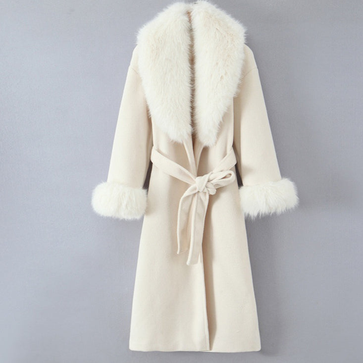 Manteau long pour femme avec col en fourrure et ceinture - Margaretti
