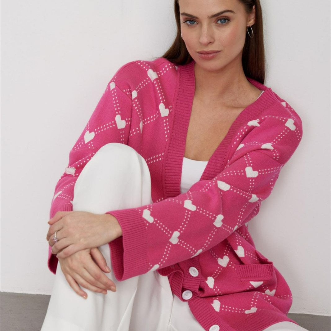 Cardigan tricoté pour femmes avec boutons et imprimé cœur - Leeni