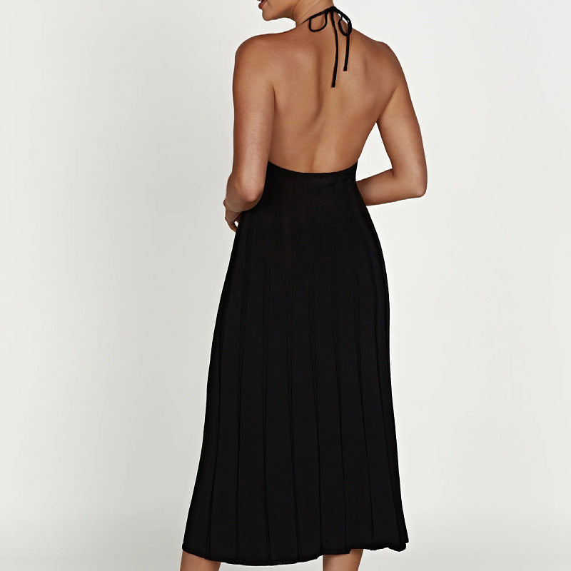 Robe midi féminine en tissu plissé avec col licou - Dalila