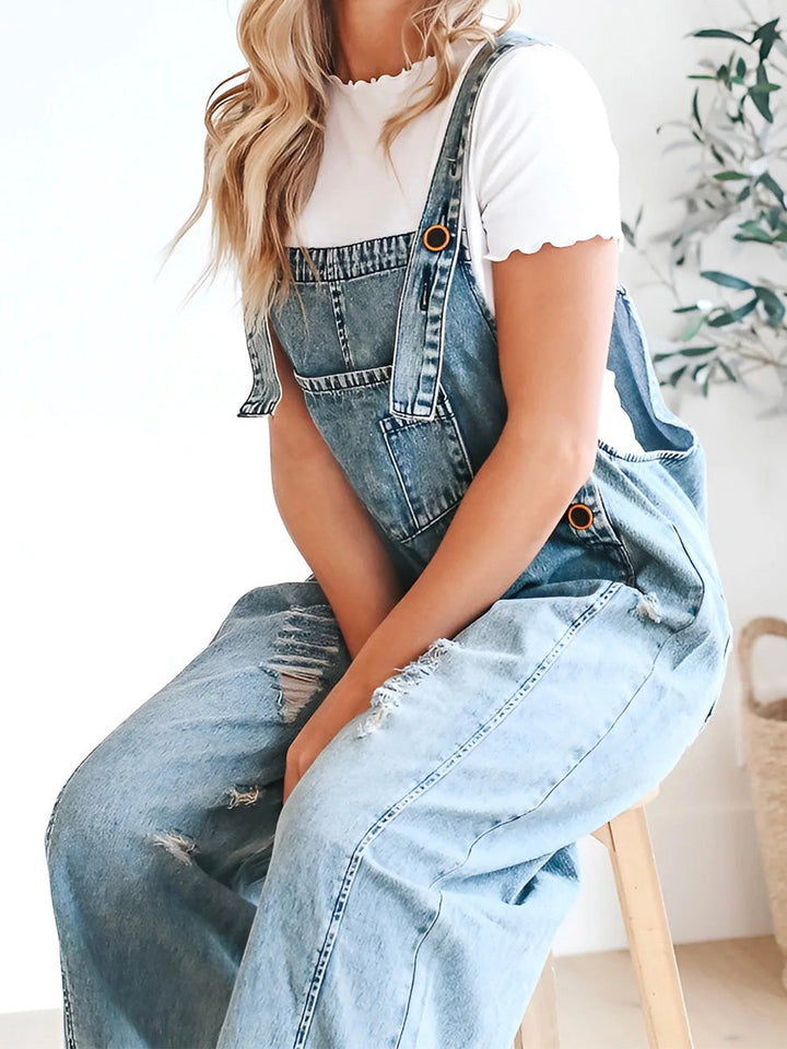Combinaison femme jean oversize look used bretelles réglables – Jenna