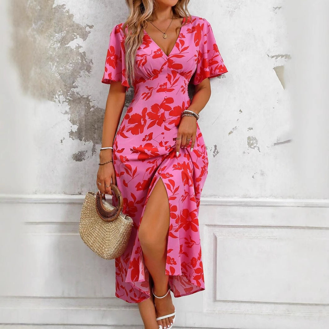 Robe midi à imprimé floral avec fente sur le devant pour femmes - Amalia