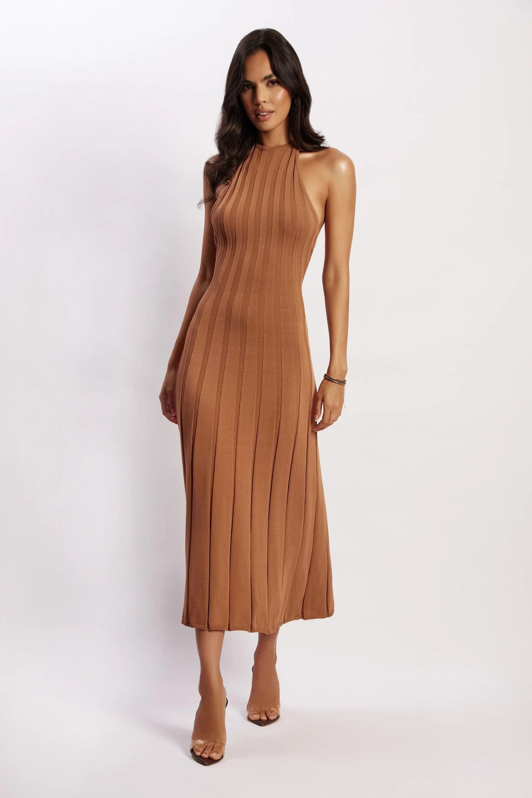 Robe midi féminine en tissu plissé avec col licou - Dalila