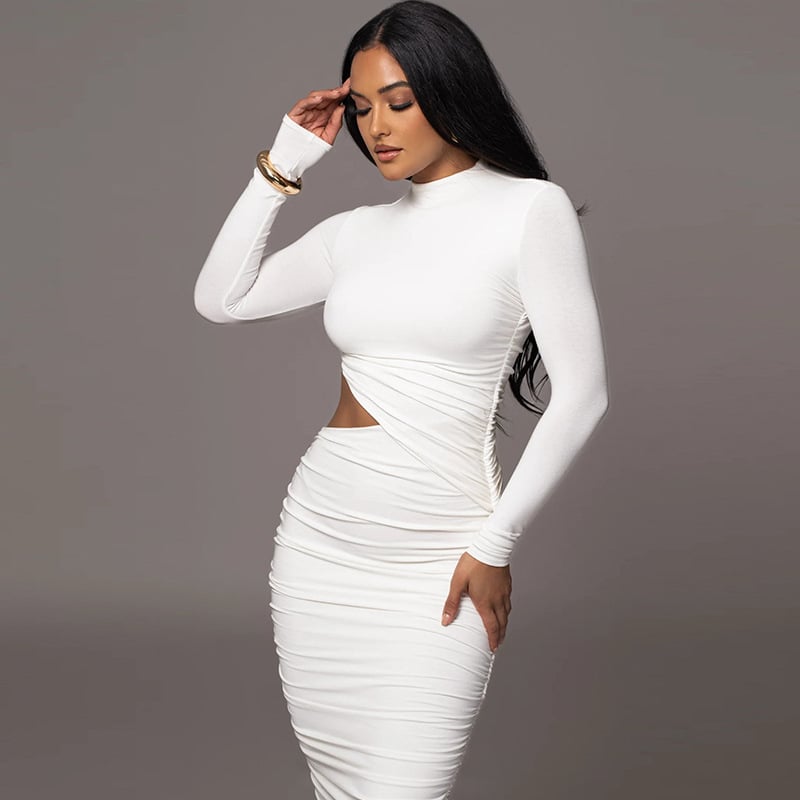 Robe ajustée à manches longues avec fente latérale et drapé pour femmes - Arvena