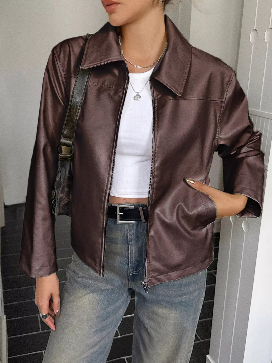 Veste effet cuir pour femme avec fermeture éclair sur le devant - Kendra