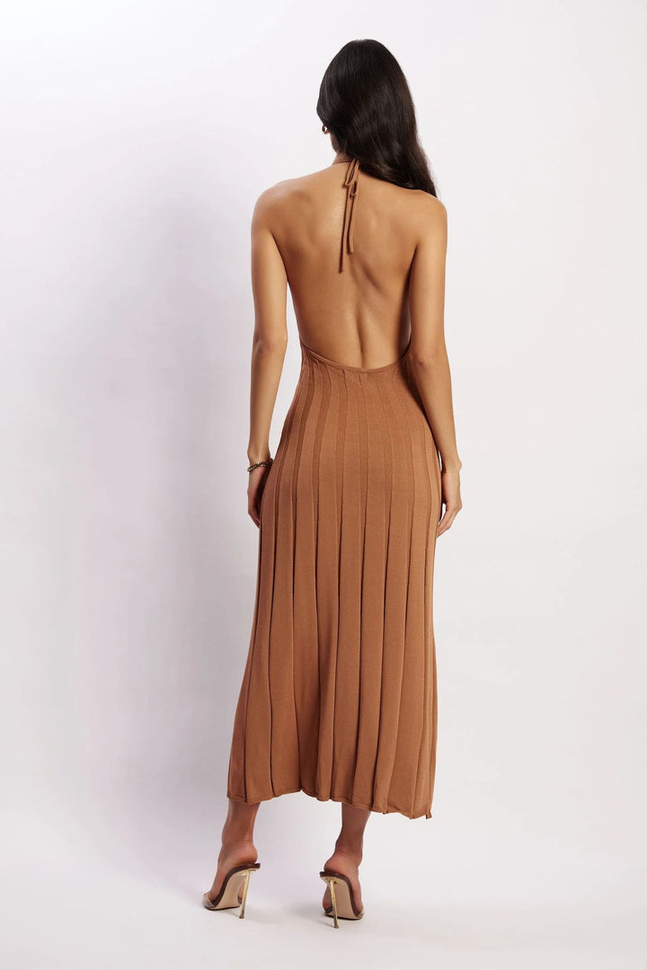 Robe midi féminine en tissu plissé avec col licou - Dalila