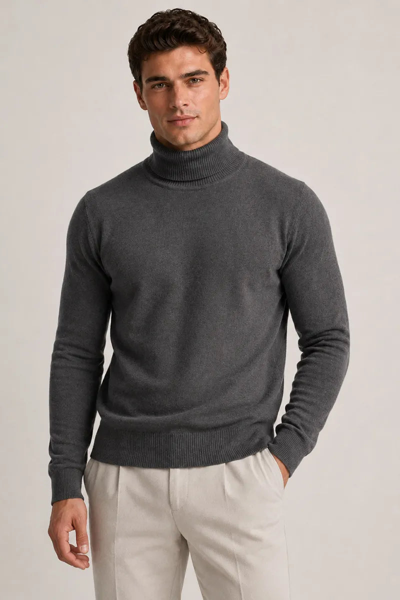 Pull homme à col roulé, coupe ajustée, maille unie - Caspar