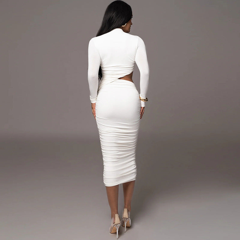 Robe ajustée à manches longues avec fente latérale et drapé pour femmes - Arvena