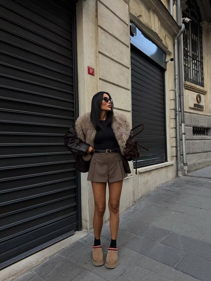 Veste femme effet cuir à large col effet fourrure - Nymera