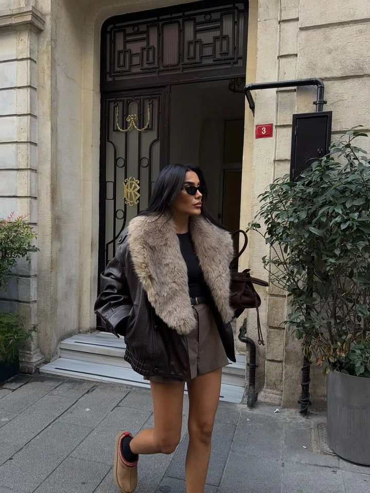 Veste femme effet cuir à large col effet fourrure - Nymera
