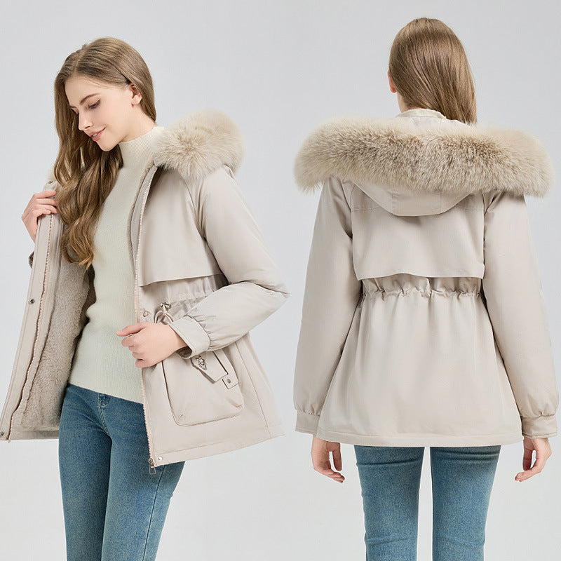 Manteau court avec large capuche et col en fausse fourrure - Lareen