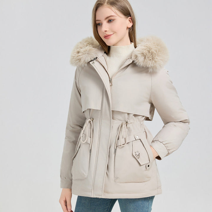 Manteau court avec large capuche et col en fausse fourrure - Lareen