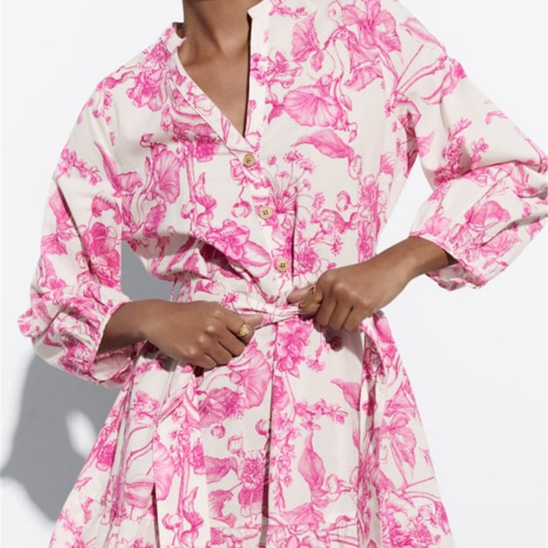 Robe courte florale à taille ajustable et manches larges - Laurent