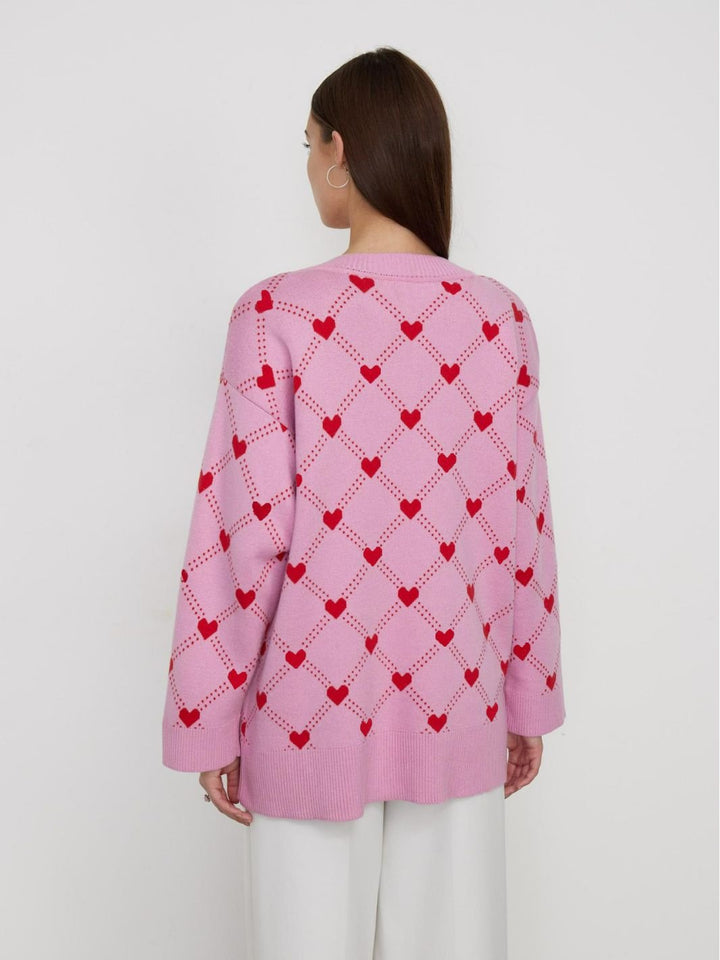 Cardigan tricoté pour femmes avec boutons et imprimé cœur - Leeni
