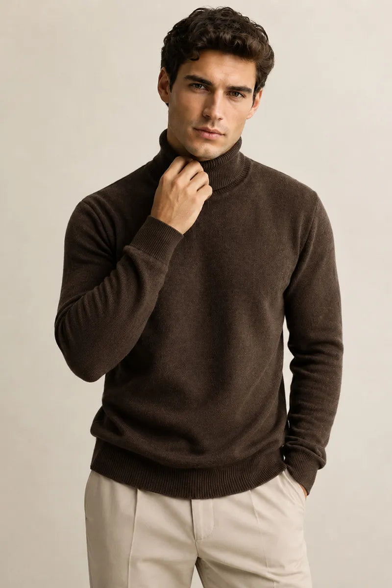 Pull homme à col roulé, coupe ajustée, maille unie - Caspar