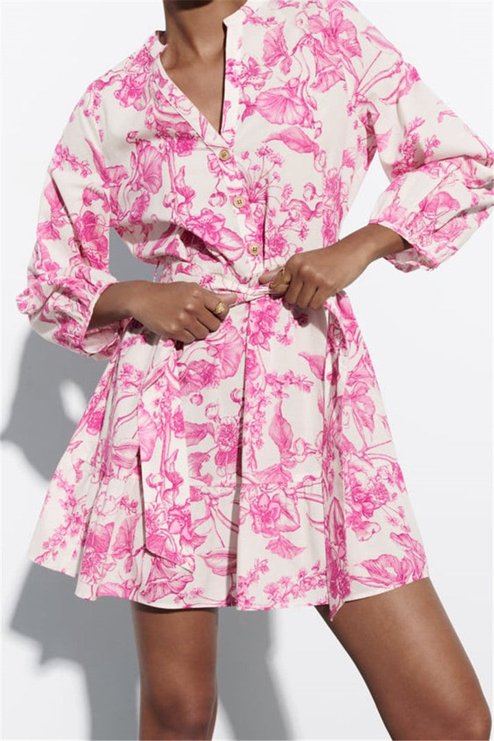 Robe courte florale à taille ajustable et manches larges - Laurent